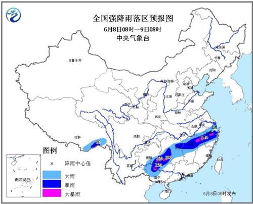 中新网6月8日电  据中央气象台网站消息，中央气象台6月8日6时继续发布暴雨黄色预警，江南华南西部等地有强降水，其中，江西浙江等地有大暴雨；此外，湖北监利8日阴有小阵雨。