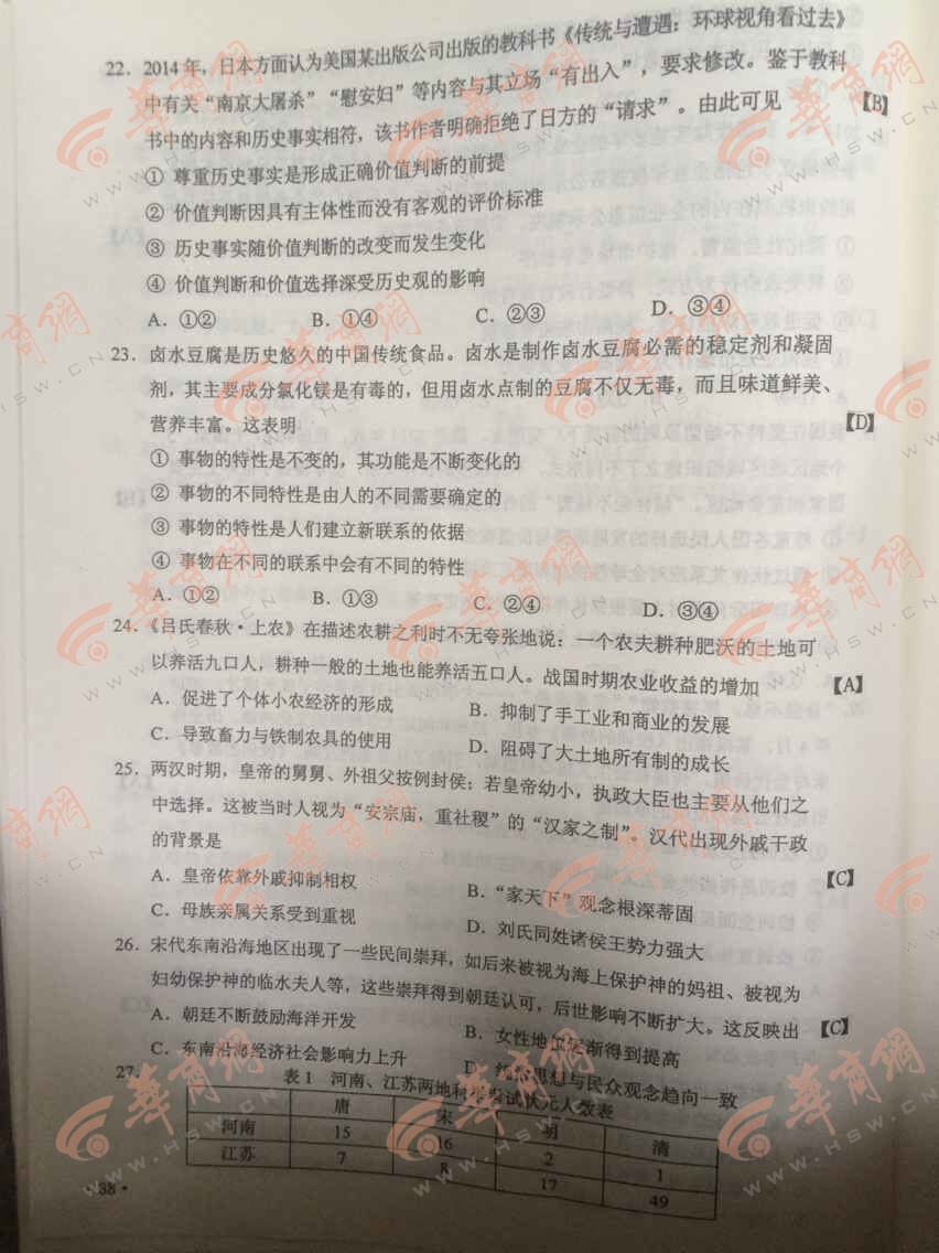 2015陕西高考文科综合试题答案(组图)
