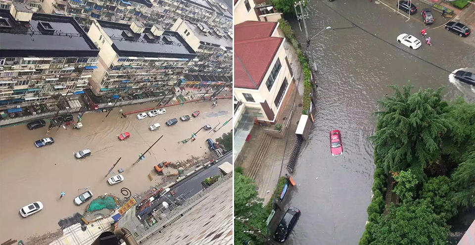 上海暴雨致内涝 市民纷纷划船出行