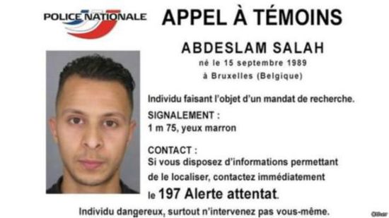 BBC报道称，法国警方签发通缉令，配有嫌疑人照片：26岁的萨拉赫（Abdeslam