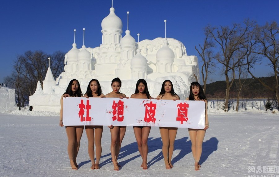 长春上演雪地钢管舞 呼吁拒绝皮草