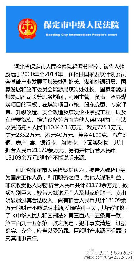 能源局原副司长魏鹏远被控受贿2亿过亿财产来源不明