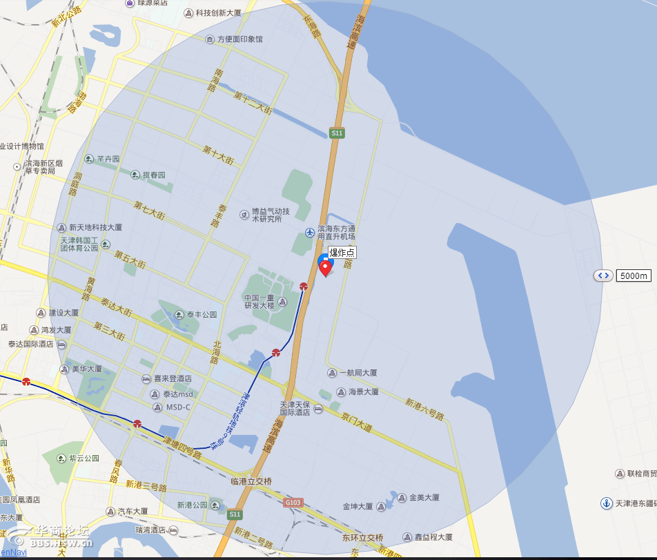 地图图示距离天津812爆炸事故点的1km2km3km5km区域