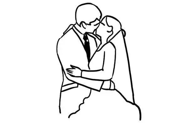 4,很亲切的姿势.新婚夫妇简单而自然地拥抱,同时将脸颊紧贴在一起