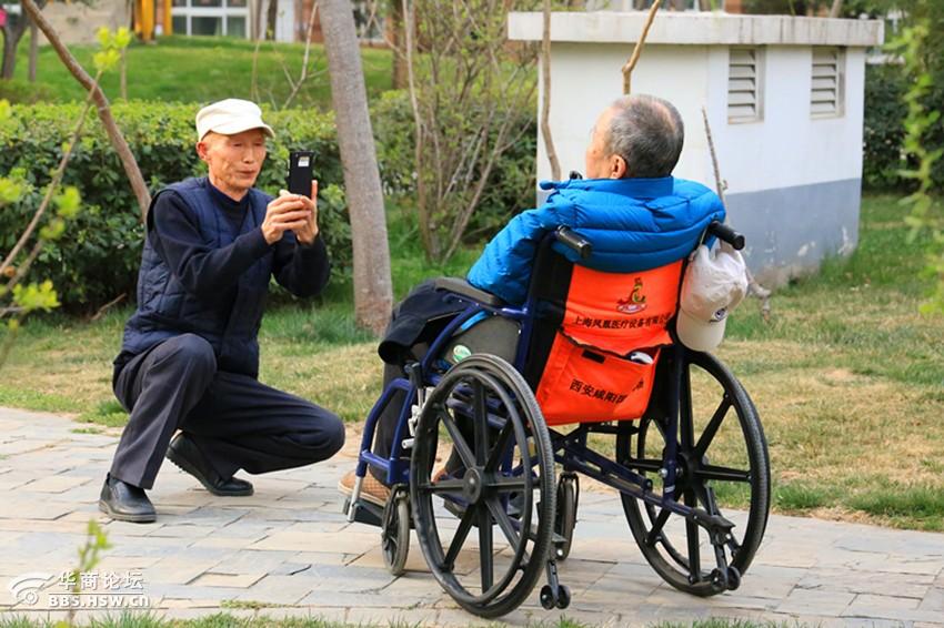re:都市现代气息:小区里八旬老人轮椅上玩自拍